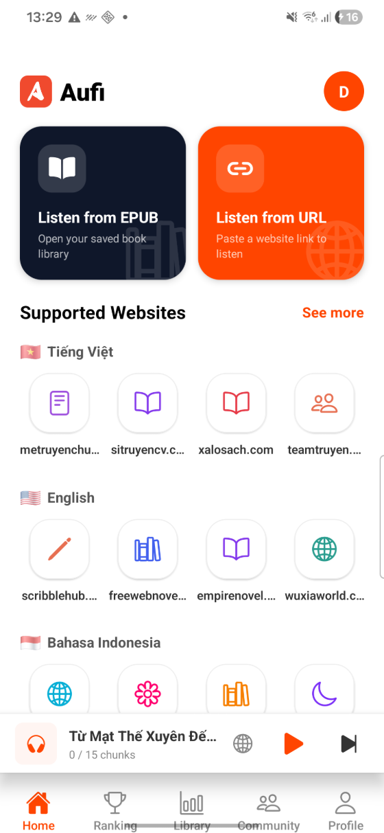 Màn hình chính của Aufi: hai nút Listen from EPUB và Listen from URL, danh sách trang truyện được hỗ trợ theo từng ngôn ngữ, và thanh phát nhạc đang mở một chương truyện.